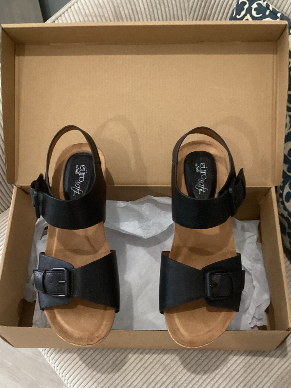 EuroSoft Black Wedge Sandals with Buckle Straps Size 9